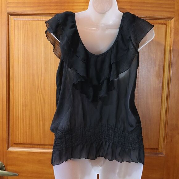 Miley Cyrus Max Azria Black Sheer Ruffle Top Fluttery Romantic Y2K Goth LG - Picture 3 of 9